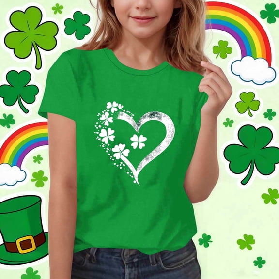 Girls St Patrick's Day Shirt Good Fortune Shamrock Heart Graphic T-Shirt Soft Stretch Kids Green Holiday Tee,Size 10-11T