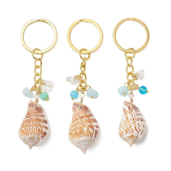 30pcs Shell Keychains with Spiral Shell & White and Glass with Iron Split Key Rings Golden 92~97mm