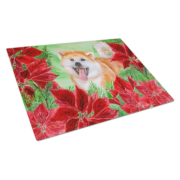 Caroline's Treasures Akita Poinsettas Glass Cutting Board Large