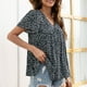 thumbnail image 5 of Blusas para Mujeres Casual, Impresión Floral Sólida de Gran Tamaño, Cuello de Manga Corta Blusa Superior, 5 of 8