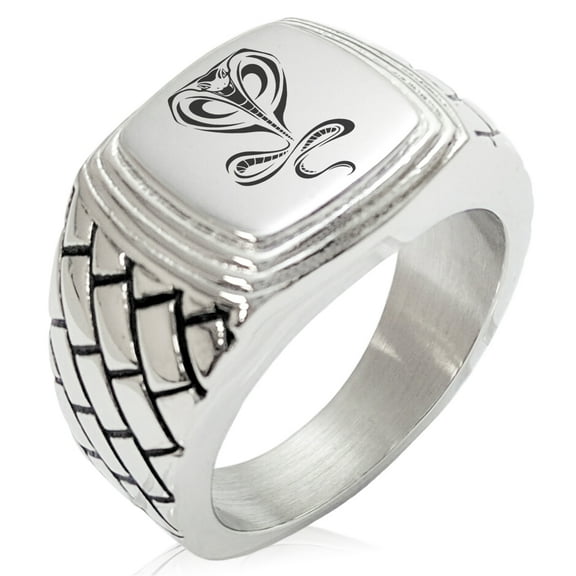 Stainless Steel Serpentine King Cobra Geometric Pattern Step-Down Biker Style Polished Ring