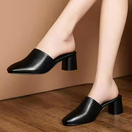 

XINSHIDE Shoes Fashion Spring And Summer Women Casual Shoes Half Slippers Solid Color Mid Heels Thick Heels Fashion Shoes