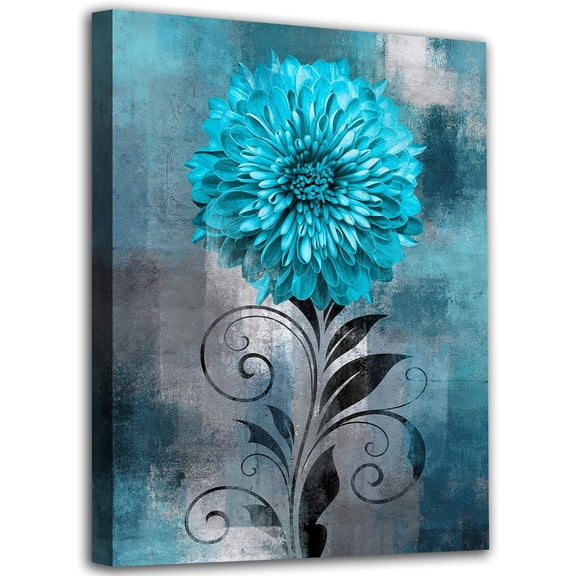 Abstract Flowers Wall Art Teal Flower Canvas Pictures Rustic Blossom Canvas Painting for Bedroom Bathroom Wall Decor Modern Teal Grey Canvas Prints Contemporary Botanical Wall Art 12" x 16"