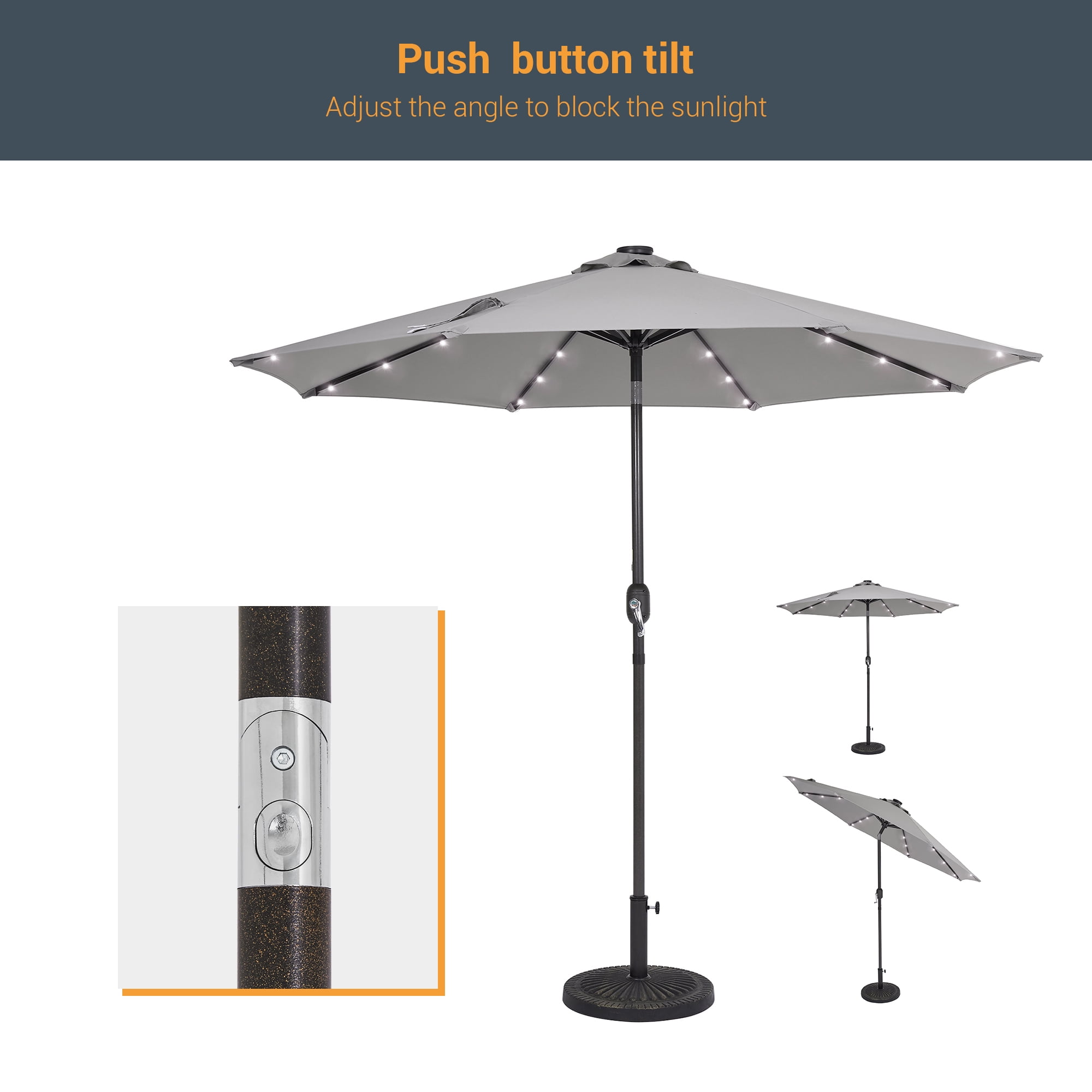 CHYVARY Outdoor LED 9Ft Patio Table Umbrellas with Solar Lights and Tile Button for Garden, Deck and Poolside,Gray