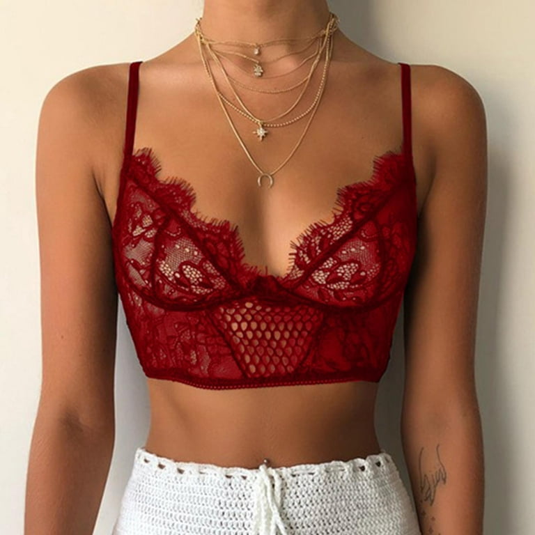 Lace Bralette Panty Set Keyhole Cut Out Halter Style Crop Top Red