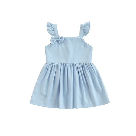 

Toddler Girls Summer Dress Casual Sleeveless Solid Fly Sleeve A-line Dress with Bowknot Decor Outfit