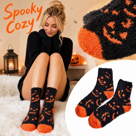 Halloween Socks Fuzzy Horror Socks Novelty Spooky Ghost Stocking Halloween Gifts for Adult Men Women