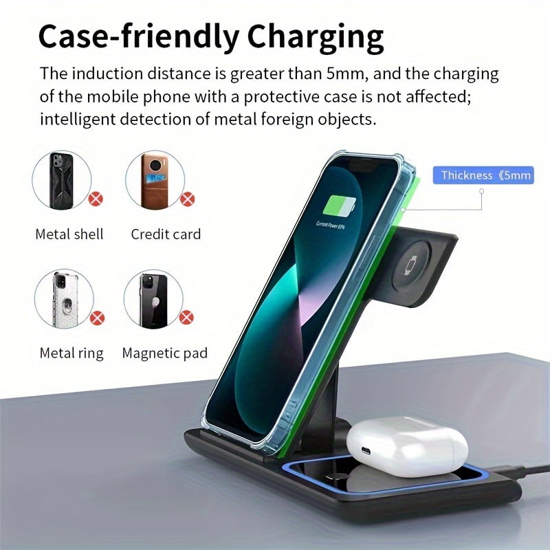 Foldable 15W Fast Charging Base for Iphone 15, 14, 13, 12 Pro Max, Apple Watch 8, 7, And Airpods - 3 in 1 Wireless Charger Stand Pad
