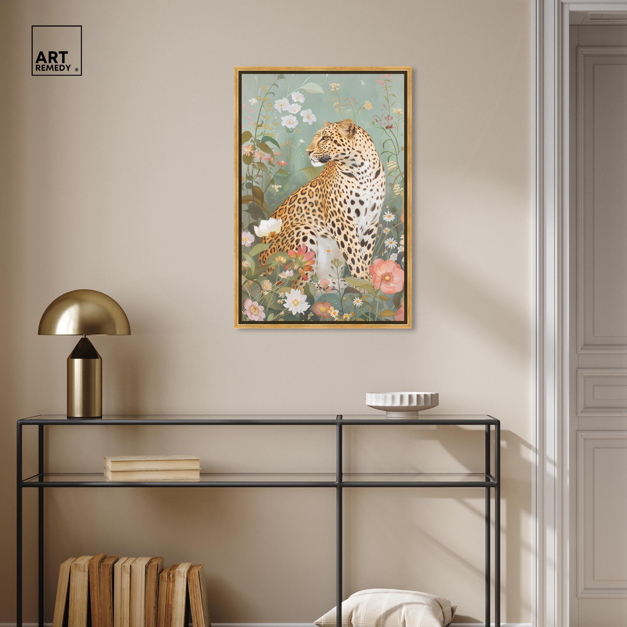 Leopard Spring Canvas Vintage Animal Art by Art Remedy, Gold Frame, 20" x 30"