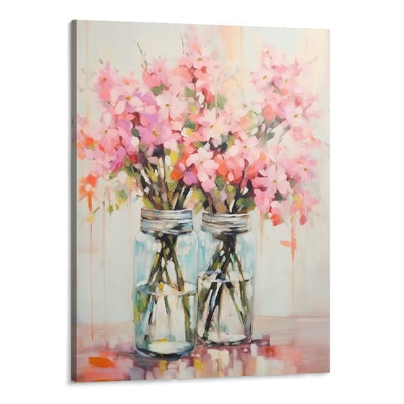 Creowell  Pink Flowers Canvas Wall Art: Abstract Bouquet in Vase Artwork Prints for Teen Girl Bedroom Pink Floral Picture Poster Bathroom Decor 16x20 Inch