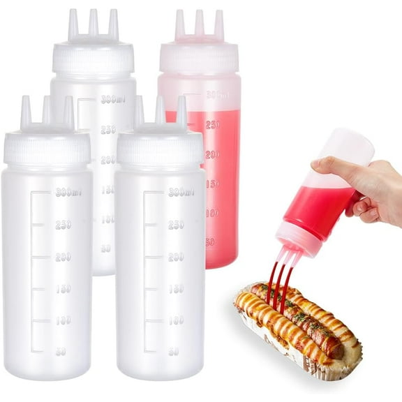 4Pcs 3 Hole Squeeze Condiment Bottles 10oz/300ml Plastic Squeeze Bottles Salad Dressing Container Sauces Squeeze Bottles for Sauce Oil Vinegar Ketchup Mustard Salad Dressing Accessories DIY