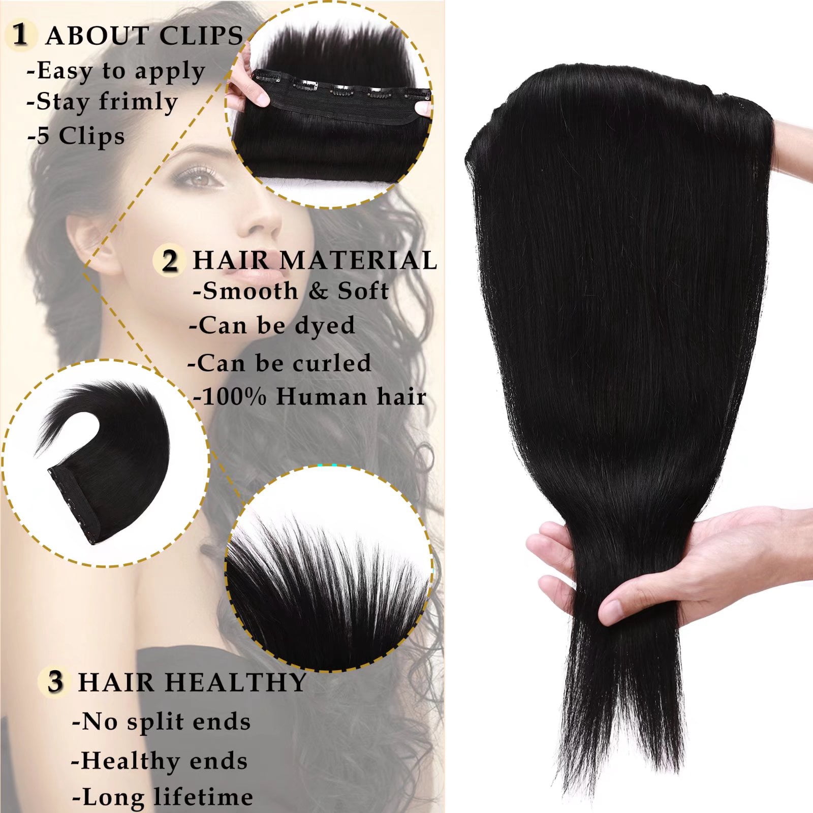 MY-LADY 10''-24'' 5 Clips in Human Hair Extensions Thick Real Natural Hair Pieces 100% Full Head Remy Hair 18inch #01 Jet Black(Heavy)