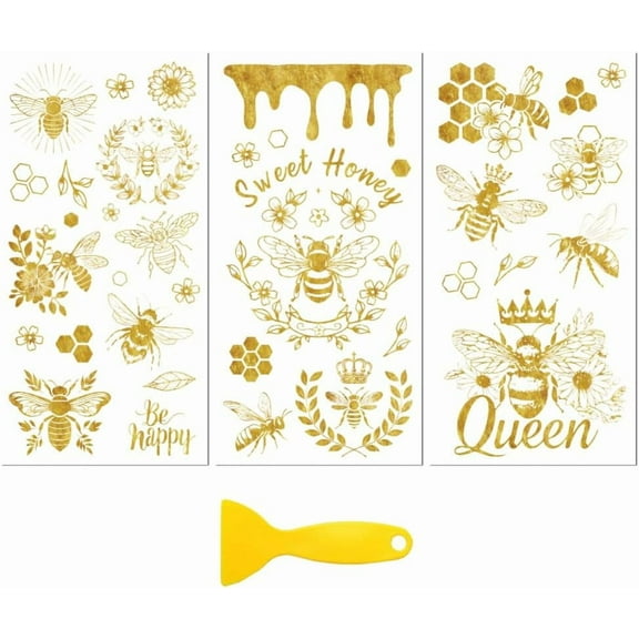 Rub on Transfer Decal Sticker for Furniture Craft Decor 6"x12" Golden Bee Series 3Pcs Waterproof UV DTF Transfer for Drawer Dresser Glass Porcelain Wood Plastic Paper