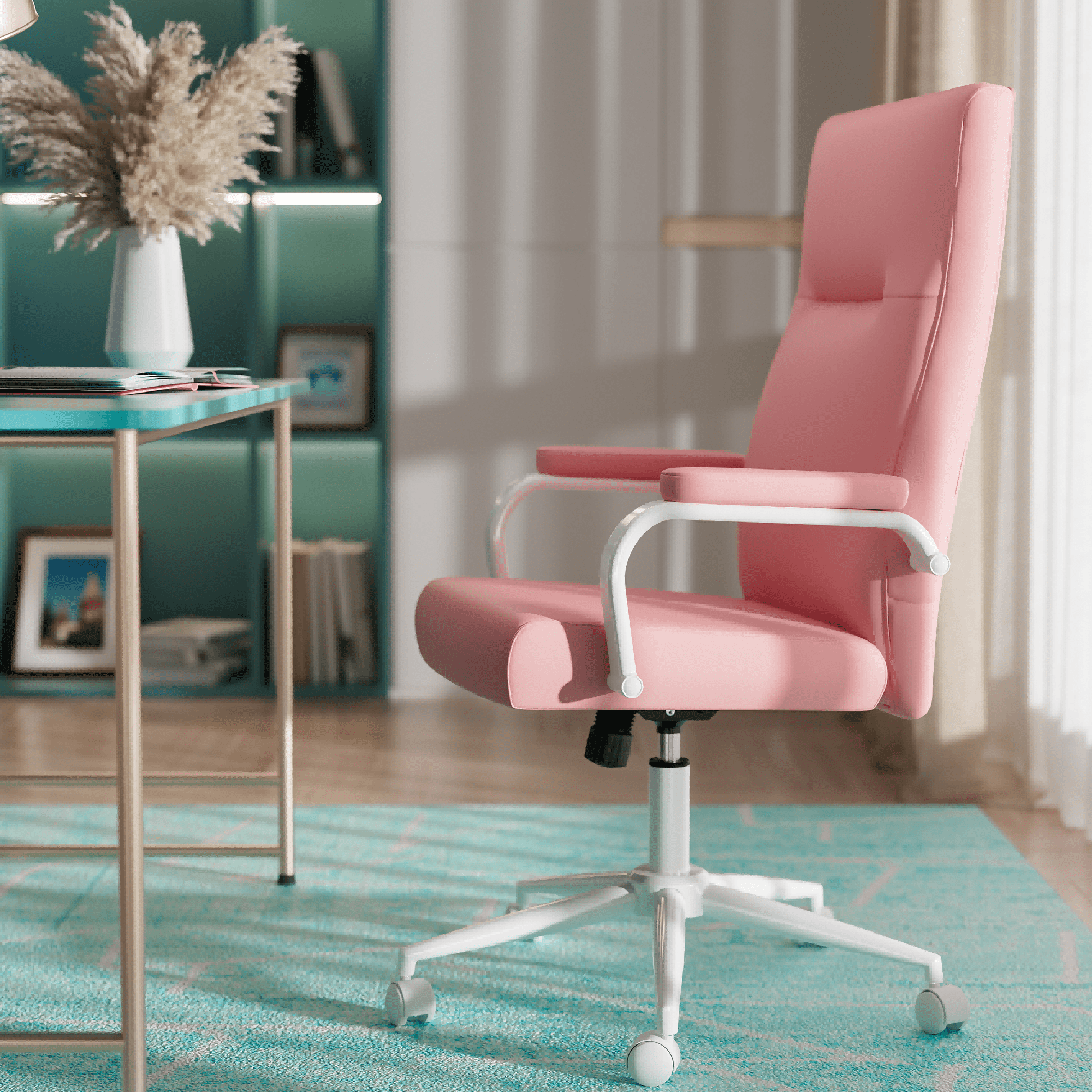 Homezeer Pink Ergonomic High Back Desk Chair with Adjustable Height, Wheels, Leather Office Chair for Girls