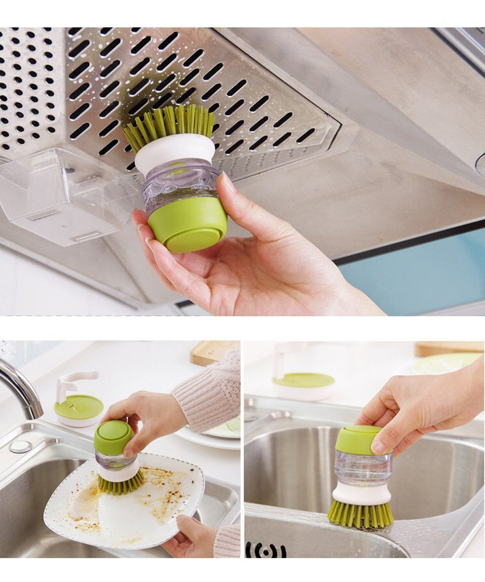 Dish Scrub Brush with Soap Dispenser, Palm Scrub Washing Brush for Dishes  Pots Pans Sink Cleaning Kitchen Scrubber Storage with Drip Tray Grey