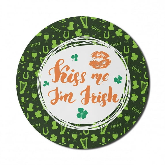 Saying Mouse Pad for Computers, Kiss Me I am Irish Text with Lips and Clovers St Patricks Day, Round Non-Slip Thick Rubber Modern Gaming Mousepad, 8" Round, Apple Green Dark Green, by Ambesonne