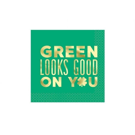 “Charming Shamrock” GREEN LOOKS GOOD ON YOU Beverage Napkins St. Patrick’s Day, 16 Ct, Unique Industries