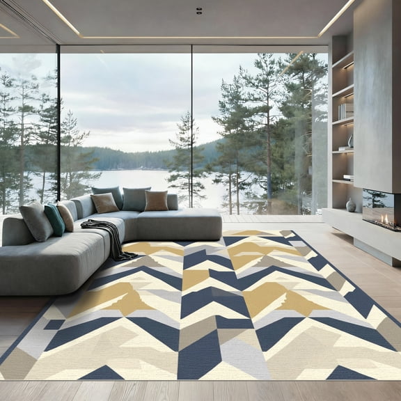 ODIKA 4'x6' Machine Washable Non-Slip Area Rug, Geometric Navy Blue High Traffic Rug, Blue, 1075079