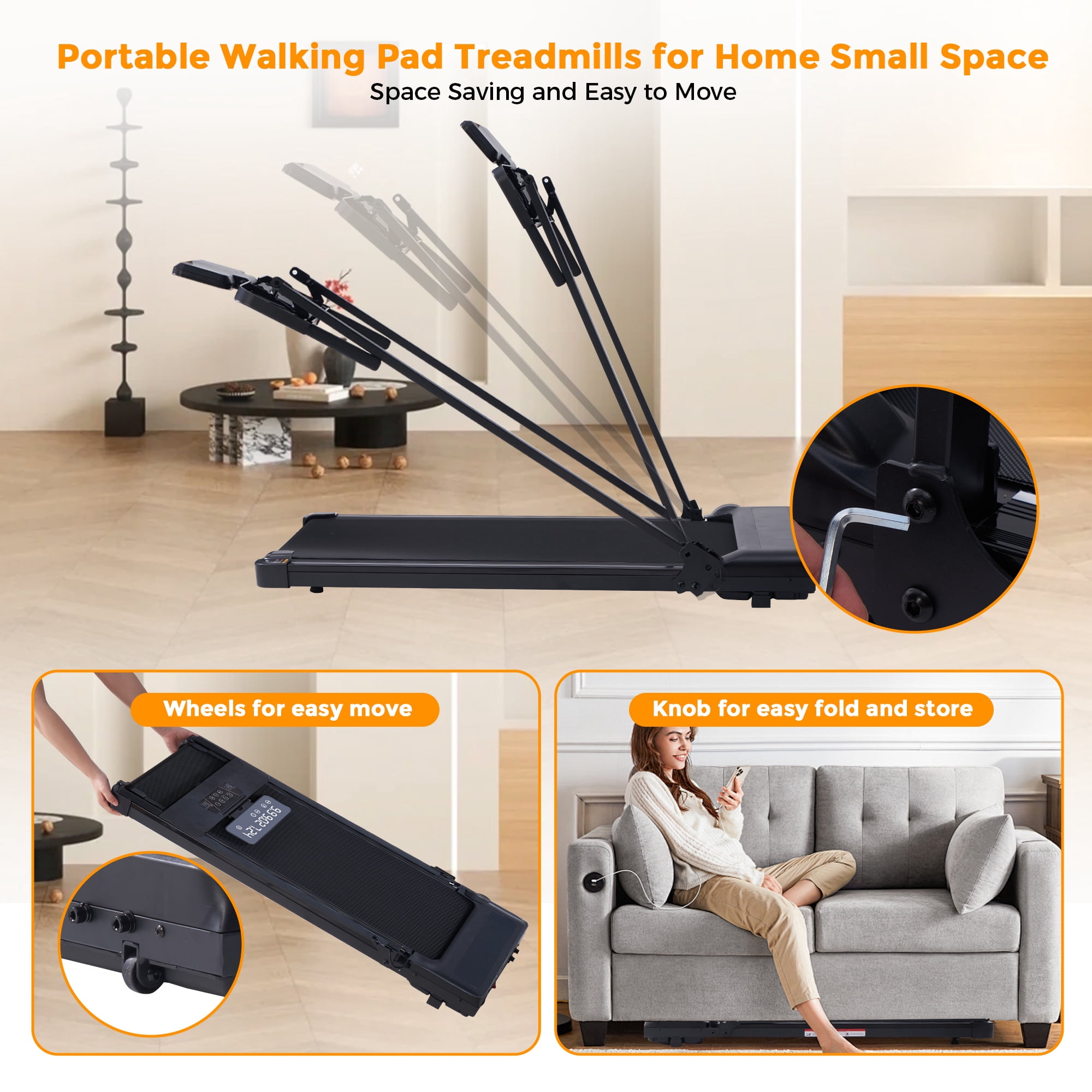 HevGlrm Walking Pad Treadmill for Home Workouts, 3.5HP Compact Folding Under Desk Treadmill,Portable Foldable Treadmills with Handles,LED Display 400lbs