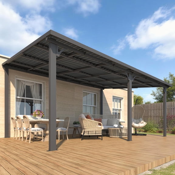 AECOJOY 16'x12' Outdoor Hardtop Metal Gazebo, Large Lean-to Wall Mounted Pergola, Galvanized Steel Heavy Duty Patio Awning & Grill Gazebo for Backyard & Decks