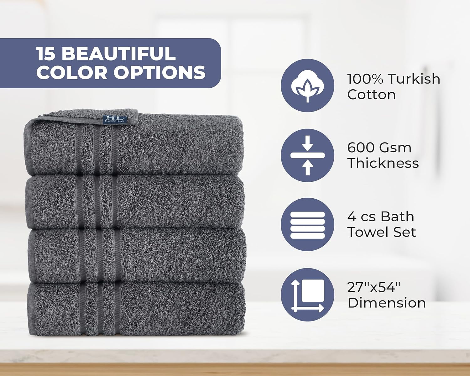 Hawmam Linen Cool Grey 4-Pack Hand Towels - 16x30 Turkish Cotton Quality  Soft & Absorbent Small Bathroom Towels - 600 GSM