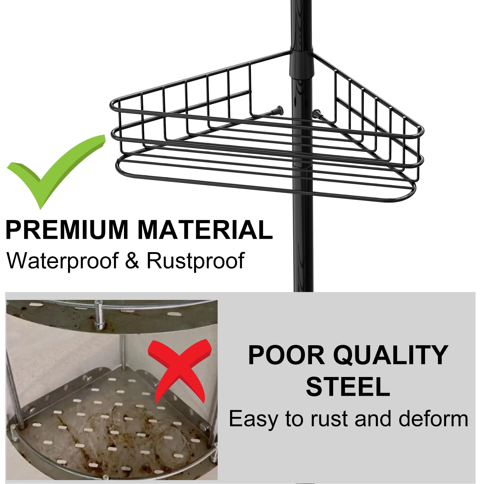 4-Tier Adjustable Tension Pole Corner Shower Shelve – Rust-Resistant Bathroom Organizer Shelf with Baskets & Towel Bars, Perfect for Kitchens, Bathrooms, and Bedrooms, Black