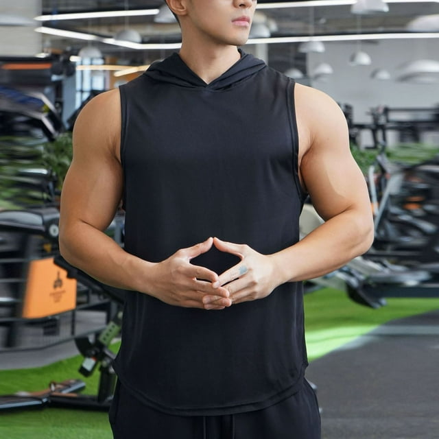 Ceisia Men's Stretchy Breathable Solid Color Loose Fit Sleeveless Hooded Workout Tank Top Gift