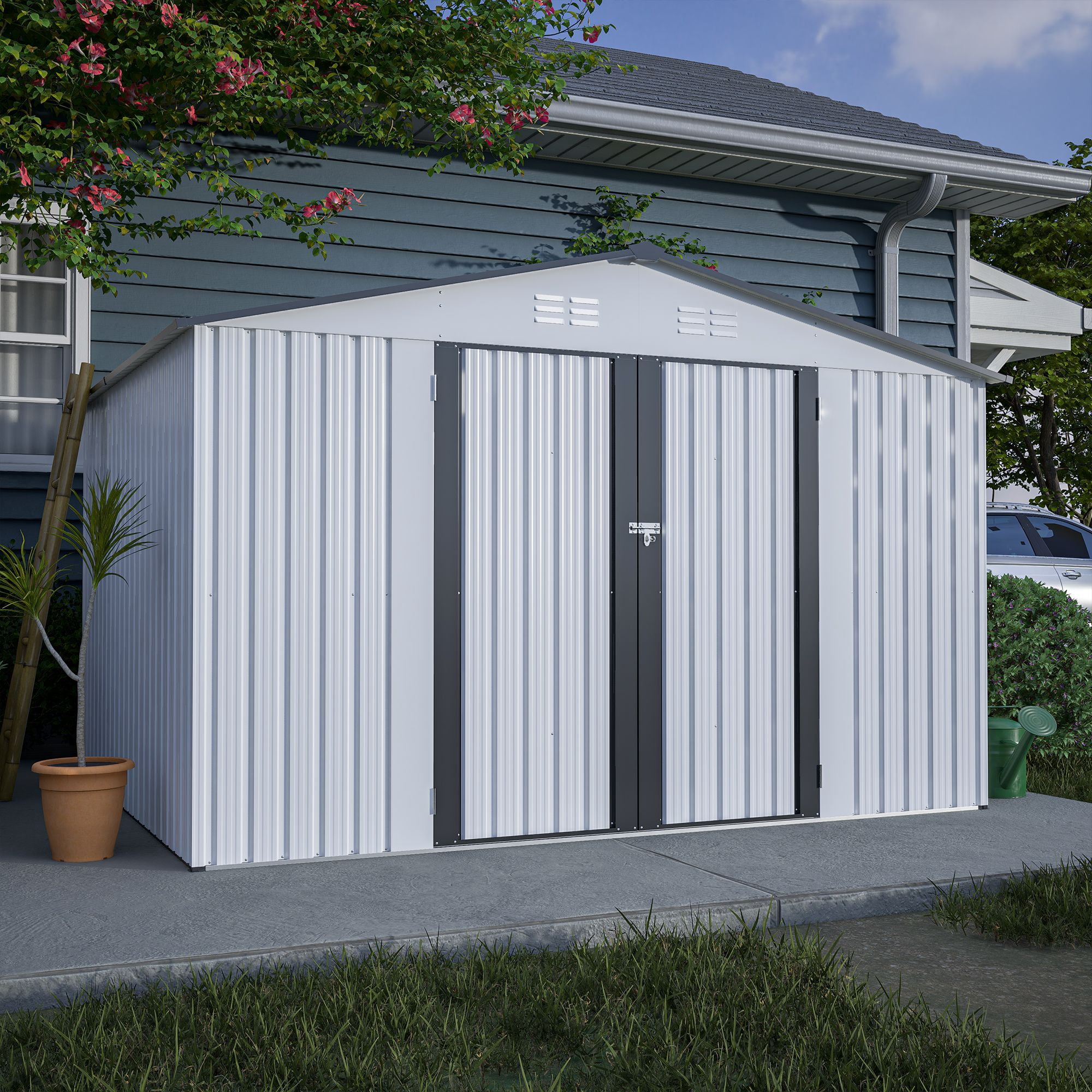 10×8 FT Metal Outdoor Storage Shed, Large Garden Sheds with 2 Lockable Doors, All Weather Anti-Corrosion Galvanized Steel Tool House for Backyard Garden Lawn, White