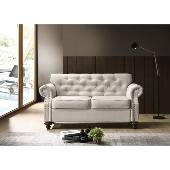 Classic Living Room Fabric Upholstered Loveseat, Tufted Rolled Arm Sofa Couch with Nailhead Accent, Beige