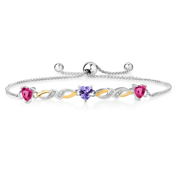 Gem Stone King 1.73 Ct Pink Created Sapphire Blue Tanzanite 925 Silver and 10K Yellow Gold Lab Grown Diamond Bracelet