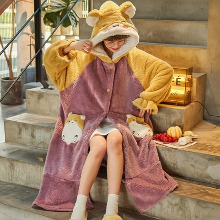

PIKADINGNIS FUNISHI Women Sleepwear Hooded Inspissate Cartoon Loose Version Night-robe Winter Pajamas Coral Fleece Keep Warm Princess Style