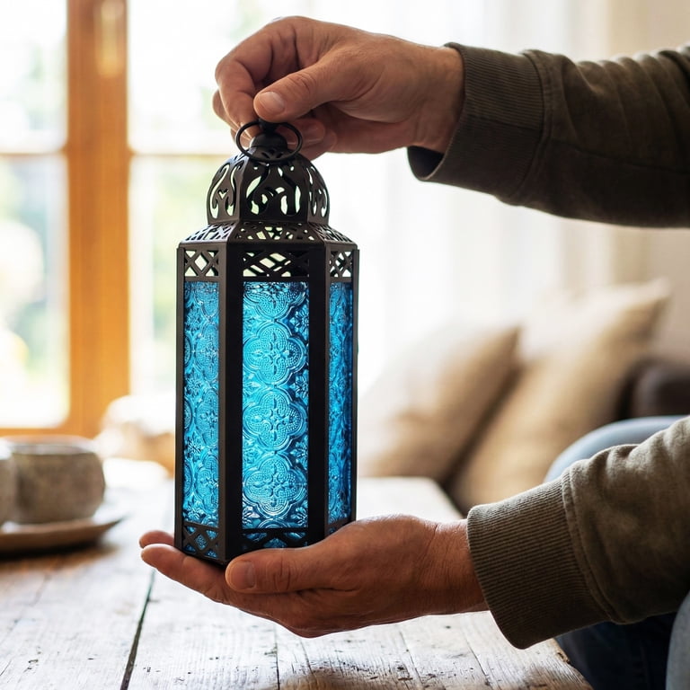 Moroccan Metal Candle Lantern Holder with LED Fairy String Lights