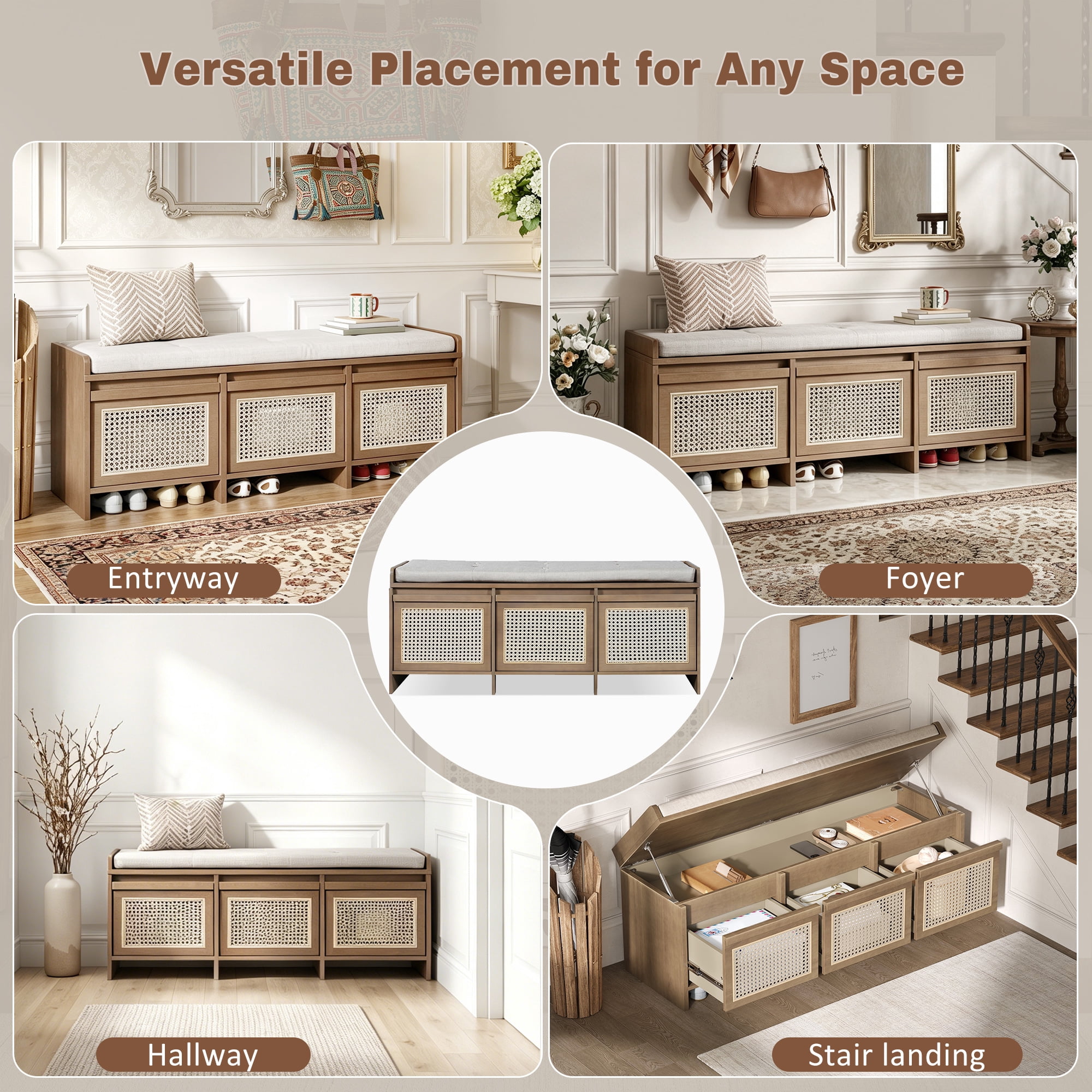 48" Entryway Shoe Bench, Retro Storage Bench with Rattan Drawers & Removable Button‑Tufted Upholstered Cushion for Living Room, Hallway, Foyer, Stair Landing, 5 Colors Available (Natural)