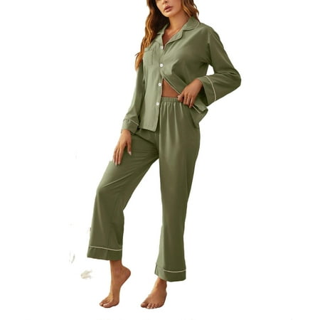 

2pcs Set Casual Lapel Neck PJ Pant Sets Long Sleeve Olive Green Women s Pajama Sets (Women s)
