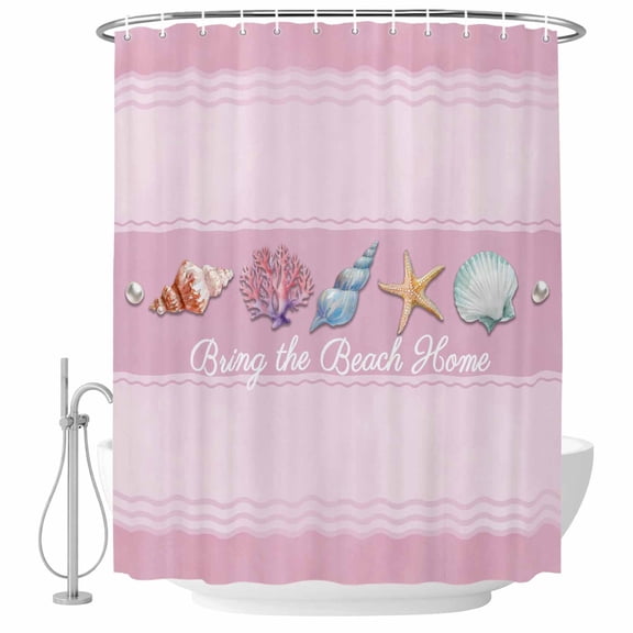 Pink Summer Coastal Shower Curtain, Waterproof Shower Curtains for Bathroom, Modern Ocean Waves Starfish Shell Washable Fabric Bathtub Curtain Set Bath Decor with 12 Hooks Long 72"x84"
