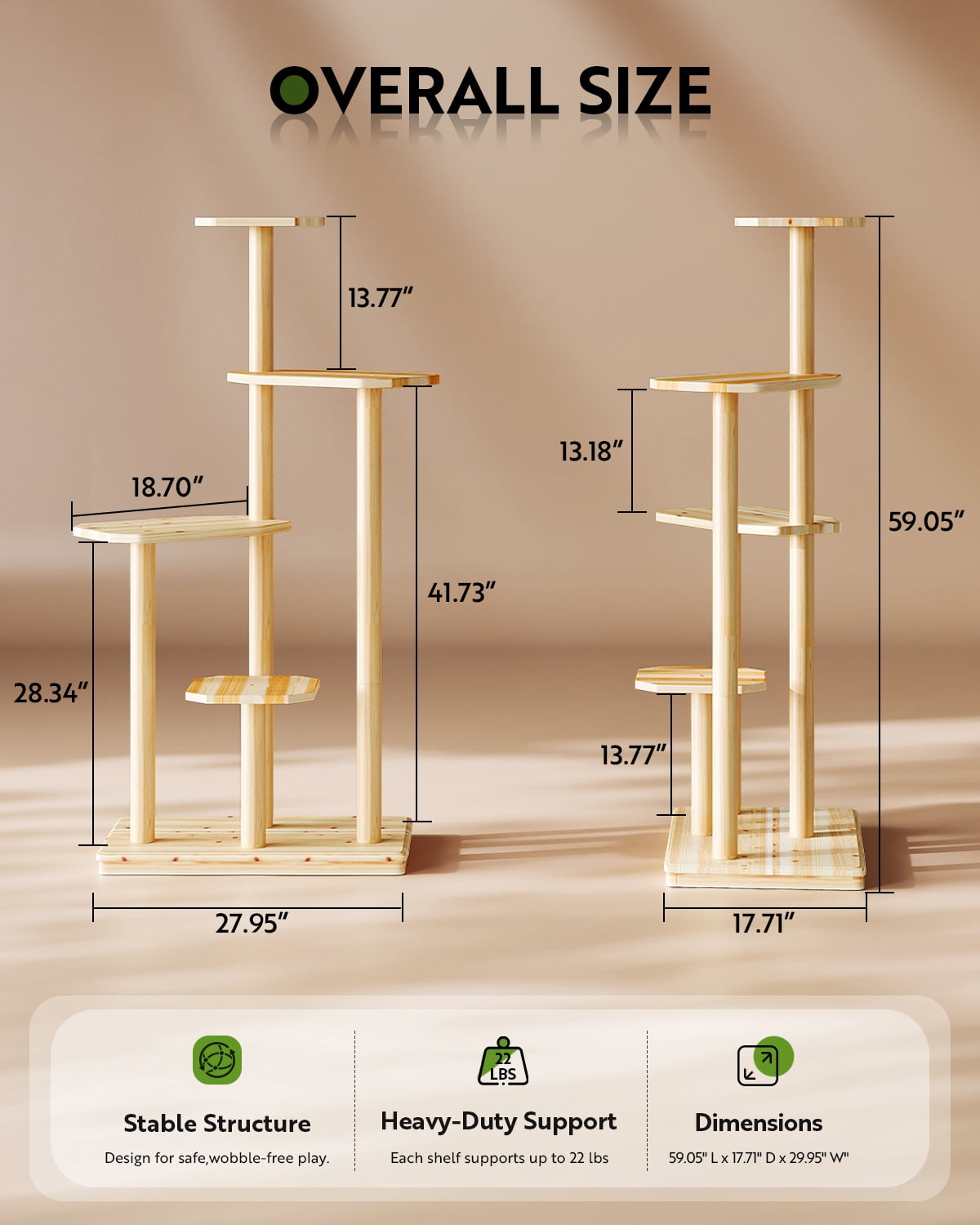LAZZO 4-Tier Wooden Cat Tree, Multi-Level Cat Tower for Climbing, Resting & Scratching, Natural Wood