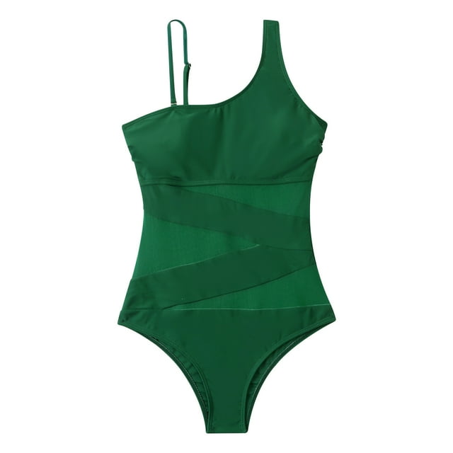 traje de baño de una pieza para mujer, sexy, con almohadilla en el pecho, sin aros, con correa de retazos, para hombro fridja nalpqowj62084 Verde traje de baño asimétrico de un solo hombro con tirante extraíble, corte alto y silueta ajustada, paneles de patchwork en malla alternados con franjas sólidas, incluye almohadilla en el pecho, tela elástica de nailon, fondo blanco.
