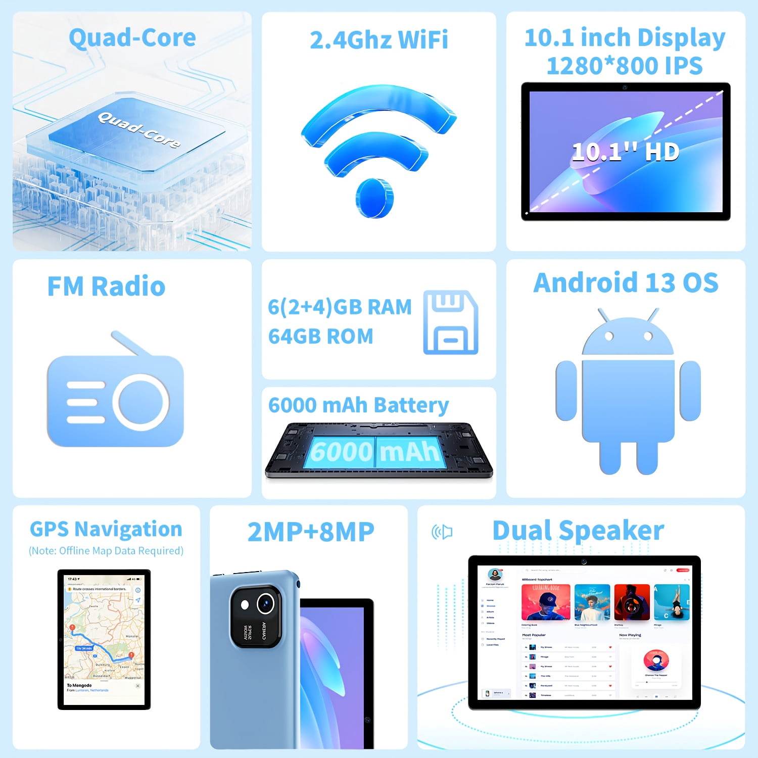 Tablet 10 inch Android Tablets, 6GB RAM 64GB ROM 512GB Expand, Quad-Core Processor, 1280x800 LCD Touch Screen, WiFi, Dual Camera, BT, 6000mAh Battery