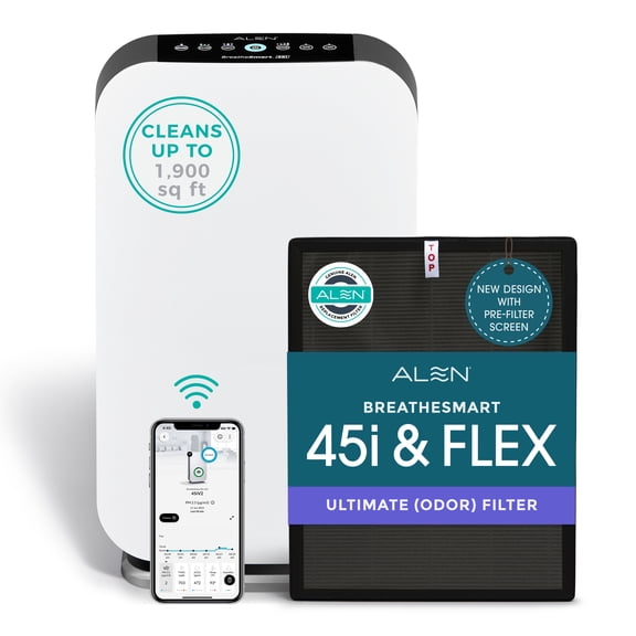 Alen Air Purifier BreatheSmart 45i HEPA with Ultimate (Odor) Filter for Large Rooms up to 1900 Sq. Ft. - Perfect for Bedrooms & Home Offices - Captures Dust - White