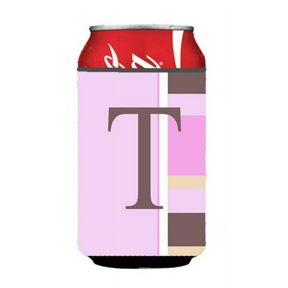 Letter T Initial Monogram - Pink Stripes Can Or Bottle  Hugger
