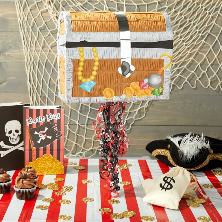 Pull String Treasure Chest Pinata for Kids Pirate Birthday Party Decorations (Small, 12 x 10 x 6.5 in)