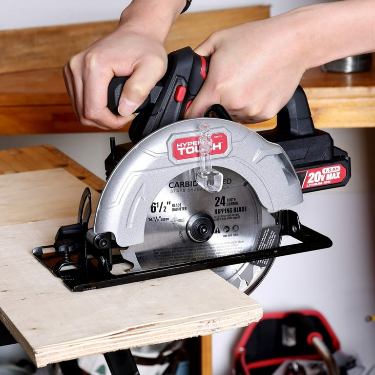 Hyper Tough 20V Max Lithium Ion Cordless 6-1/2 inch Circular Saw with 1.5Ah Lithium-Ion Battery, Charger, Blade & Rip Fence