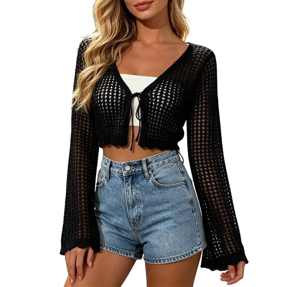 Swanpen Women Crochet Cardigan Lightweight Tie Front Hollow Out Long Sleeves Summer Knit Cover Up Crop Cardigans