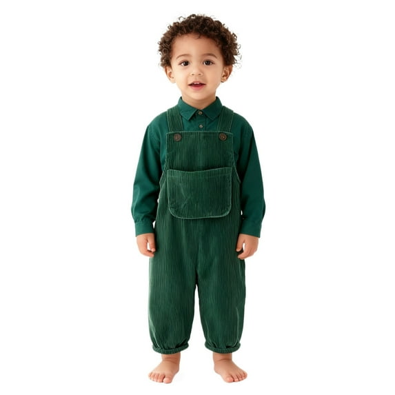 FINALGANG Kids Boys Girls Unisex Solid Color Corduroy Bib Overalls With Adjustable Button Straps Front Pocket For Toddler Casual Daily Wear Green 6-12 Months