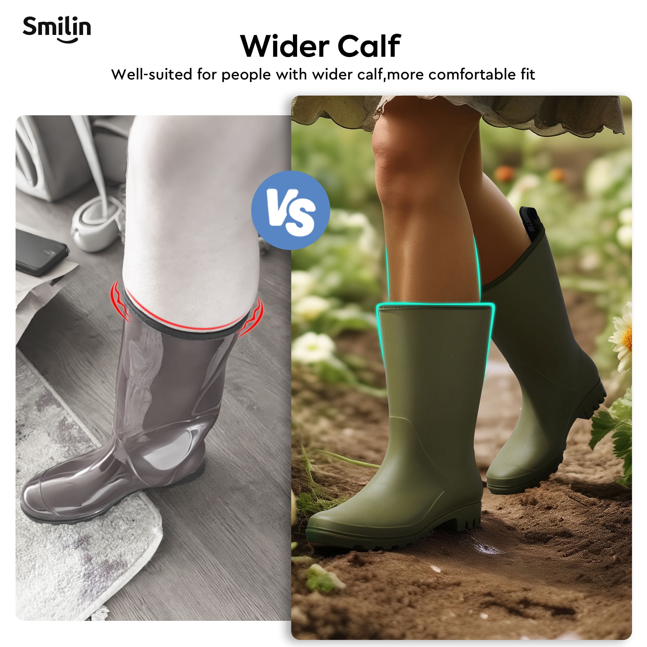 SMILIN Rubber Wide Calf Rain Boots for Women, Olive Green, Size 9