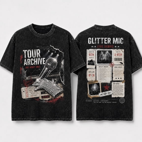 Glitter Mic Tour Archive Washed Graphic T-Shirt, Unisex Classic Fit Heavyweight Cotton Tee