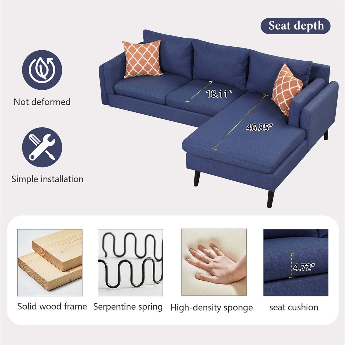L-Shaped Sofa Couch with Chaise and 2 Pillows,Upholstered