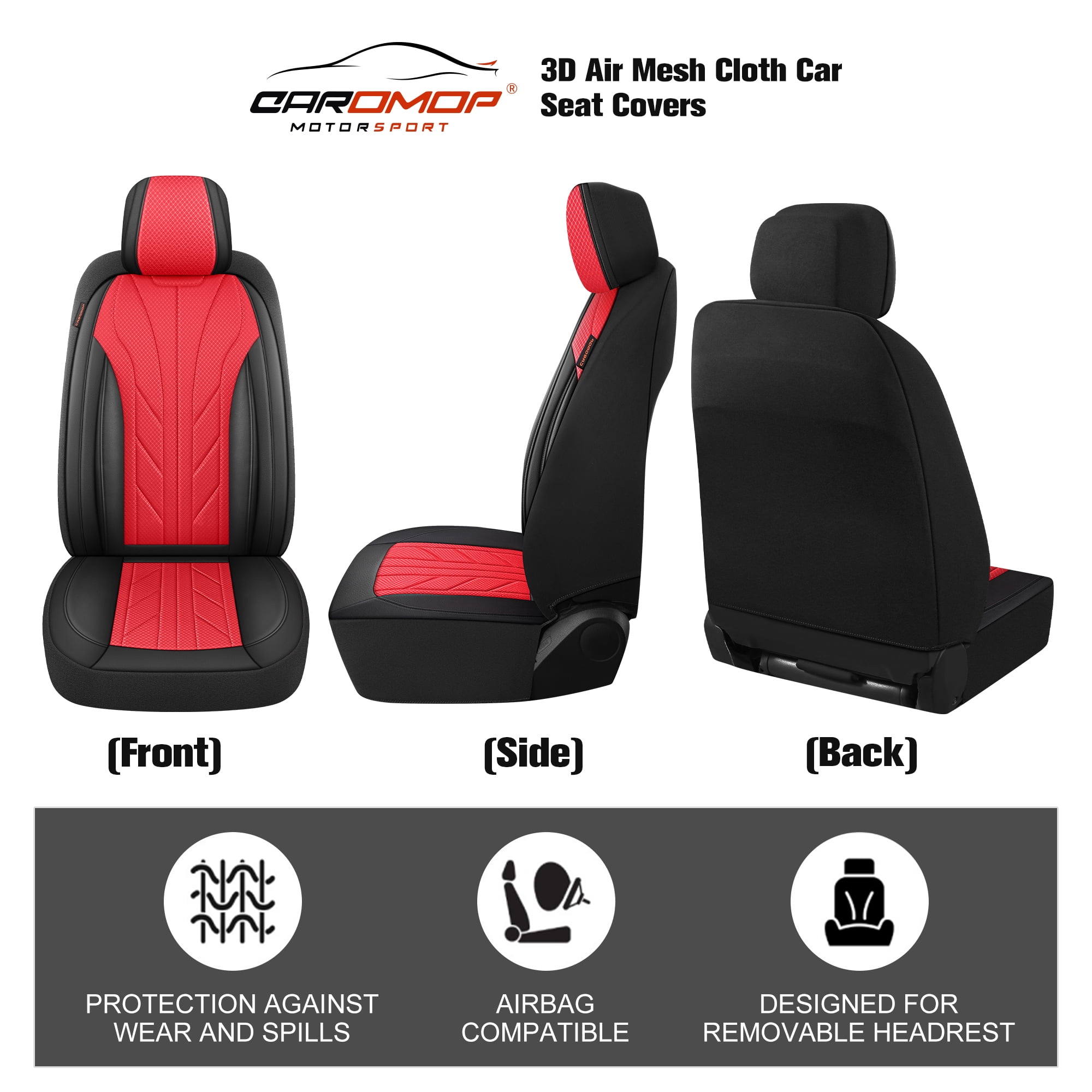 Caromop Red, Luxury Faux Leather & Fabric, Breathable 3D Foam, Armrest Covers,Airbag compatible,Full Seat Covers