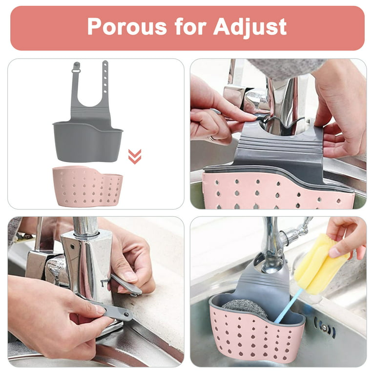 EC ELEGANTCHARM Kitchen Sink Caddy Sponge Holder Silicone Plastic Soap  Holder Hanging Ajustable Strap Faucet Caddy with Drain Holes for Drying