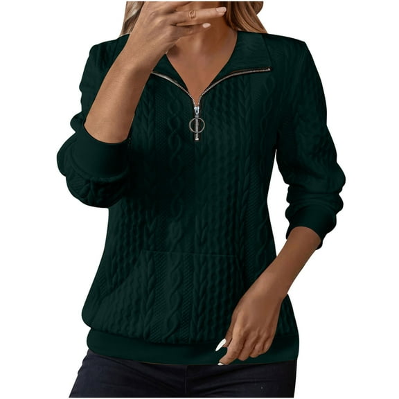 qucoqpe Women's Long Sleeve V Neck Quarter Zip Pullover Sweater Tops with Pockets 2025 Fall Winter Outfits
